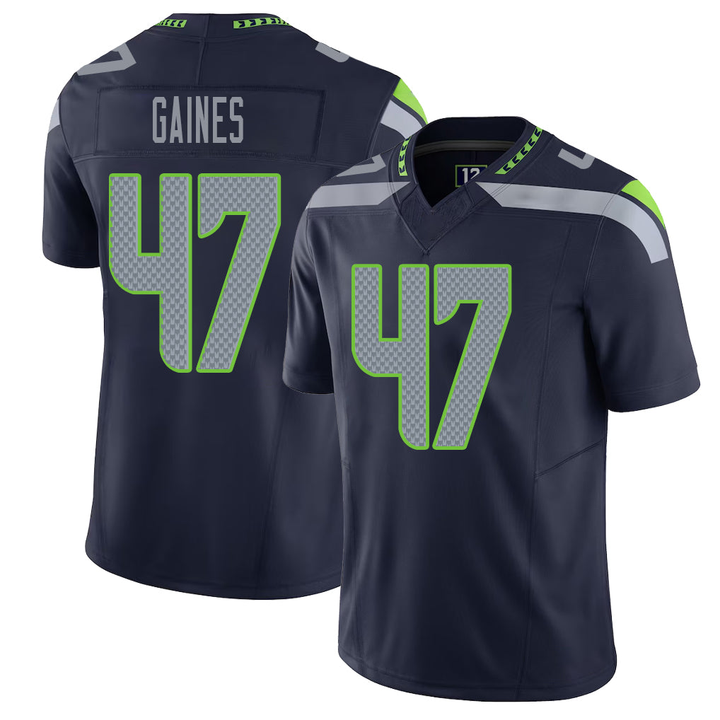 Seattle #47 Gaines Player Football V Neck Short Sleeve Navy Jersey Jalan For Men Youth Women Gift