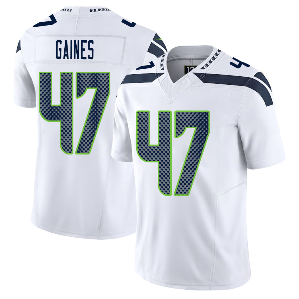 Seattle #47 Gaines Player Football V Neck Short Sleeve White Jersey Jalan For Men Youth Women Gift