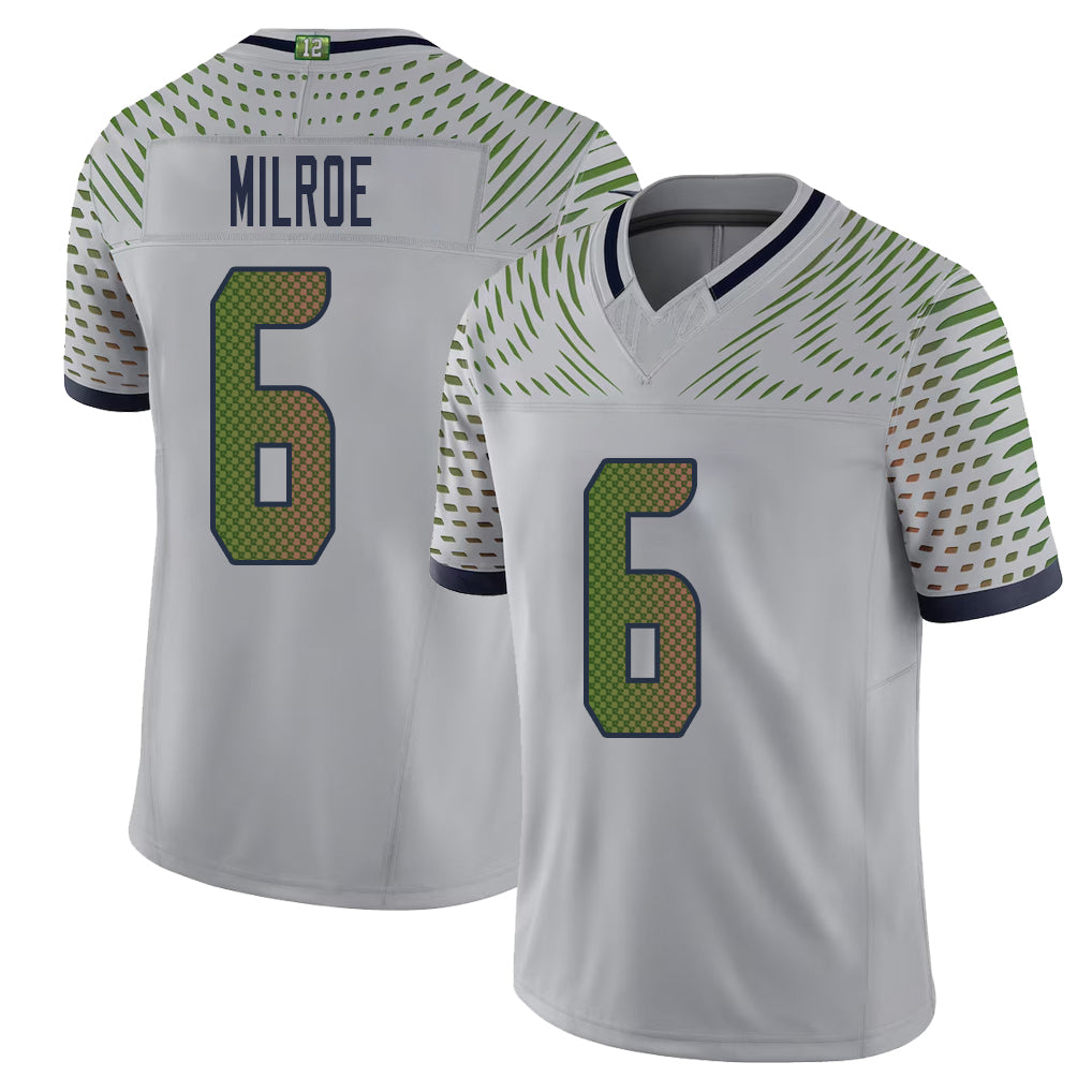 Seattle #6 Milroe Player Football V Neck Short Sleeve Gray Jersey Jalen For Men Youth Women Gift