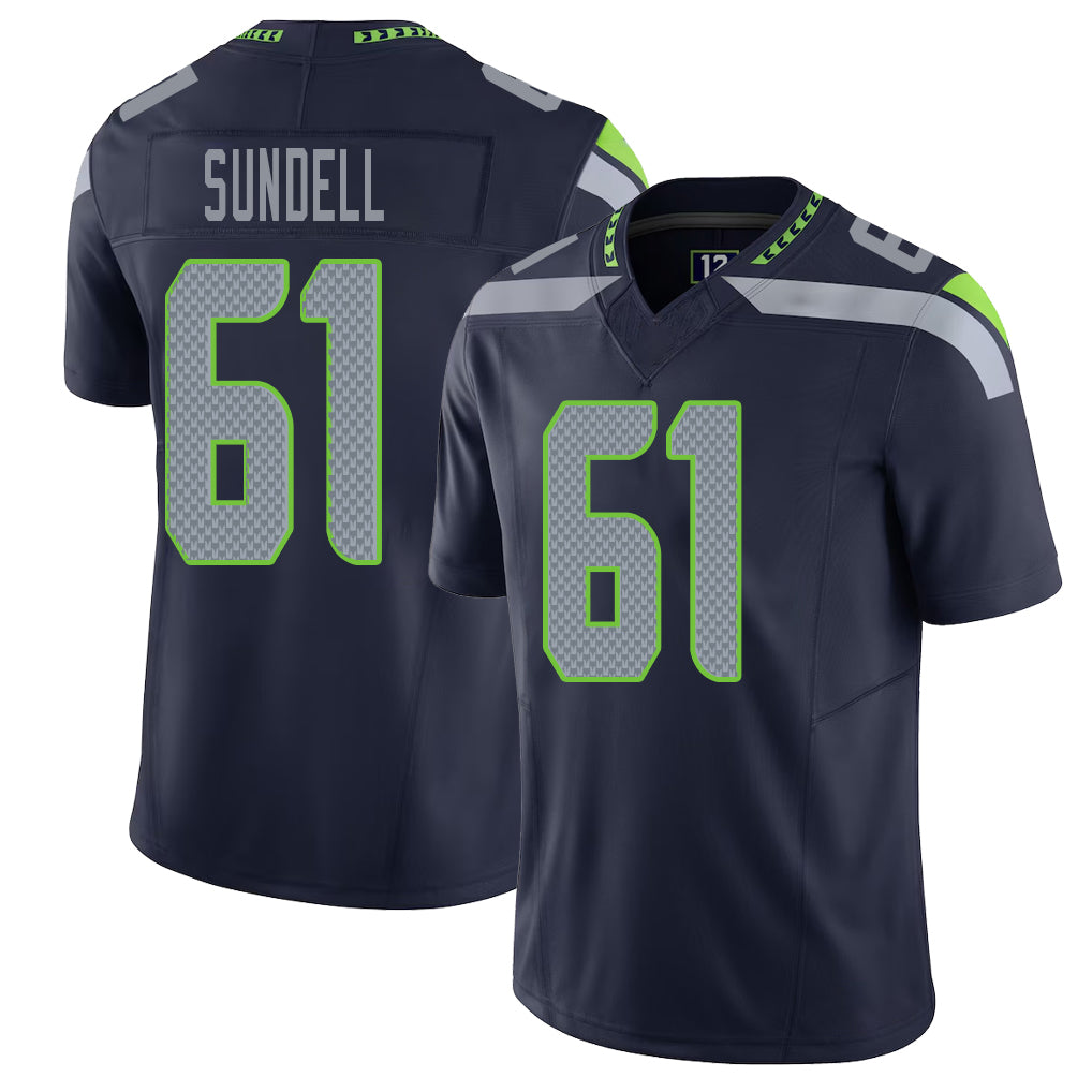 Seattle #61 Sundell Player Football V Neck Short Sleeve Navy Jersey Jalen For Men Youth Women Gift