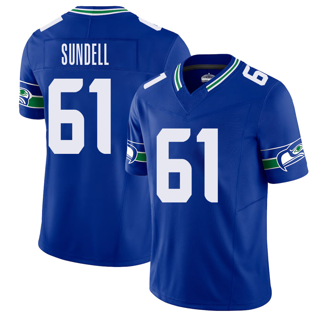Seattle #61 Sundell Player Football V Neck Short Sleeve Royal Jersey Jalen For Men Youth Women Gift