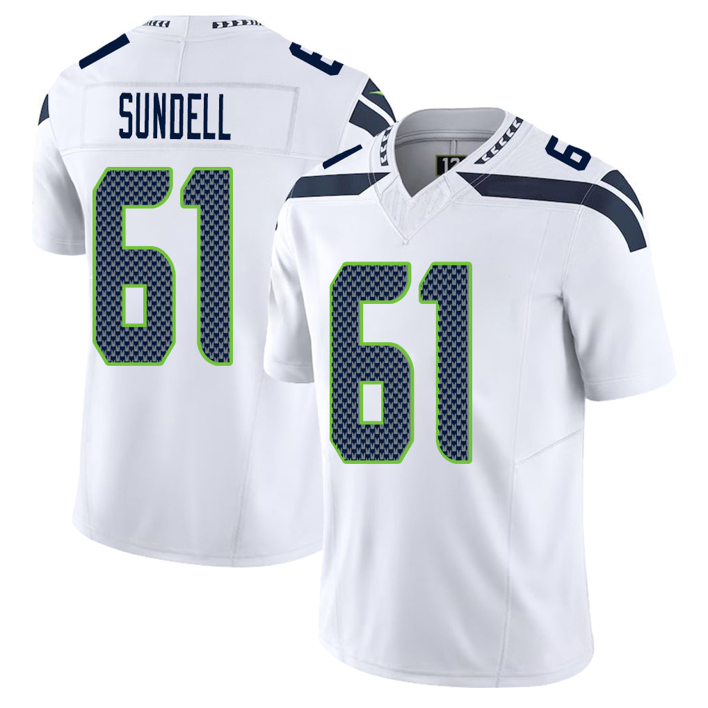 Seattle #61 Sundell Player Football V Neck Short Sleeve White Jersey Jalen For Men Youth Women Gift