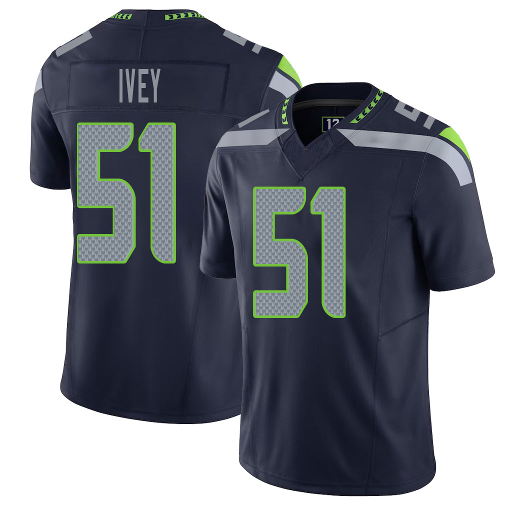 Seattle #51 Ivey Player Football V Neck Short Sleeve Navy Jersey Jared For Men Youth Women Gift