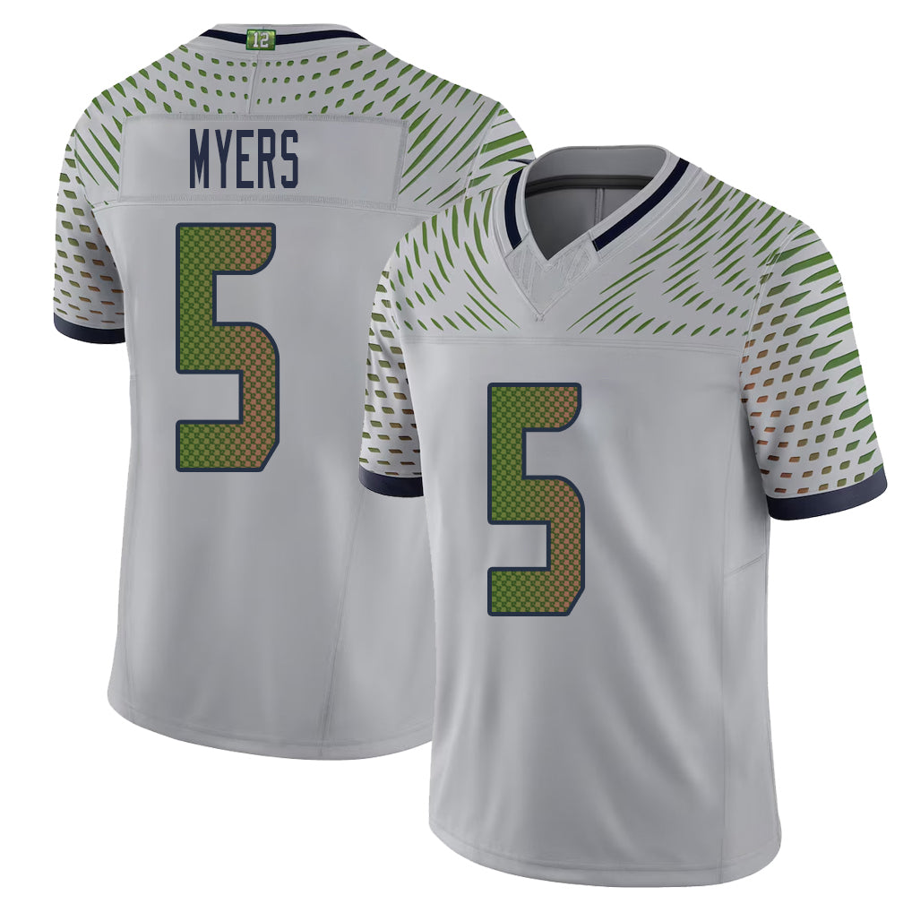 Seattle #5 Myers Player Football V Neck Short Sleeve Gray Jersey Jason For Men Youth Women Gift