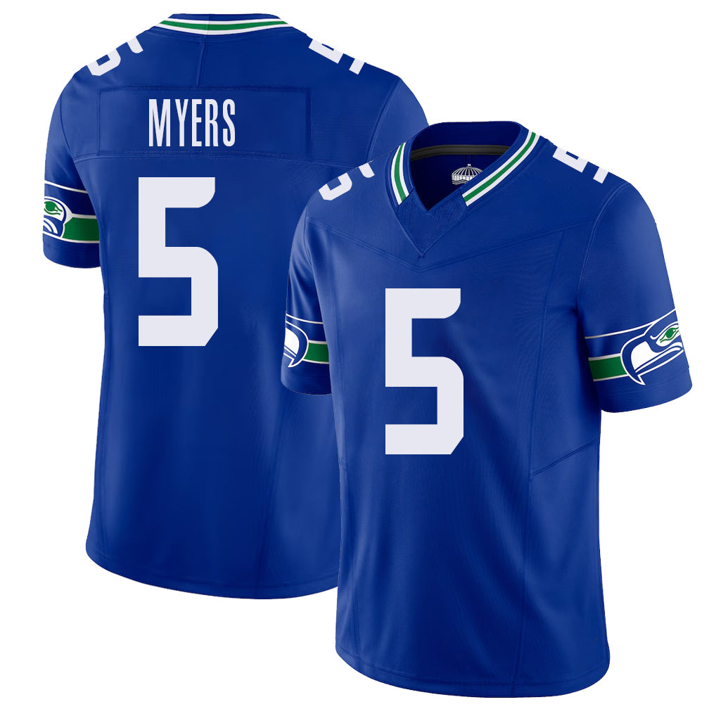 Seattle #5 Myers Player Football V Neck Short Sleeve Royal Jersey Jason For Men Youth Women Gift