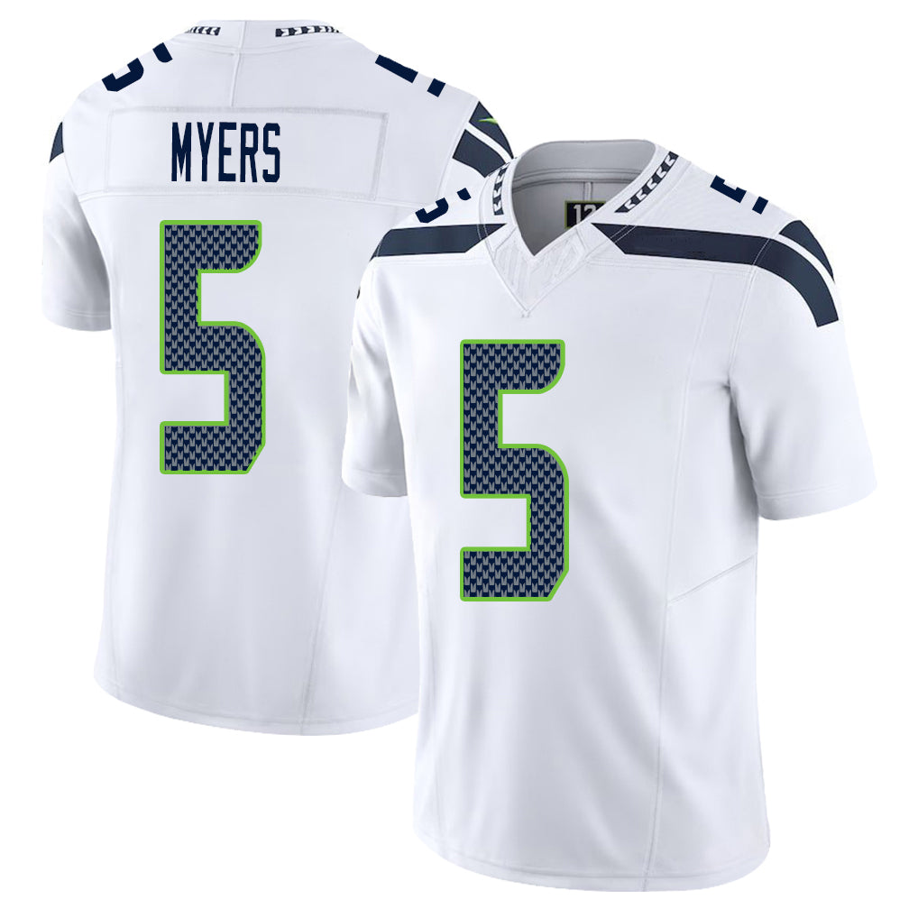 Seattle #5 Myers Player Football V Neck Short Sleeve White Jersey Jason For Men Youth Women Gift