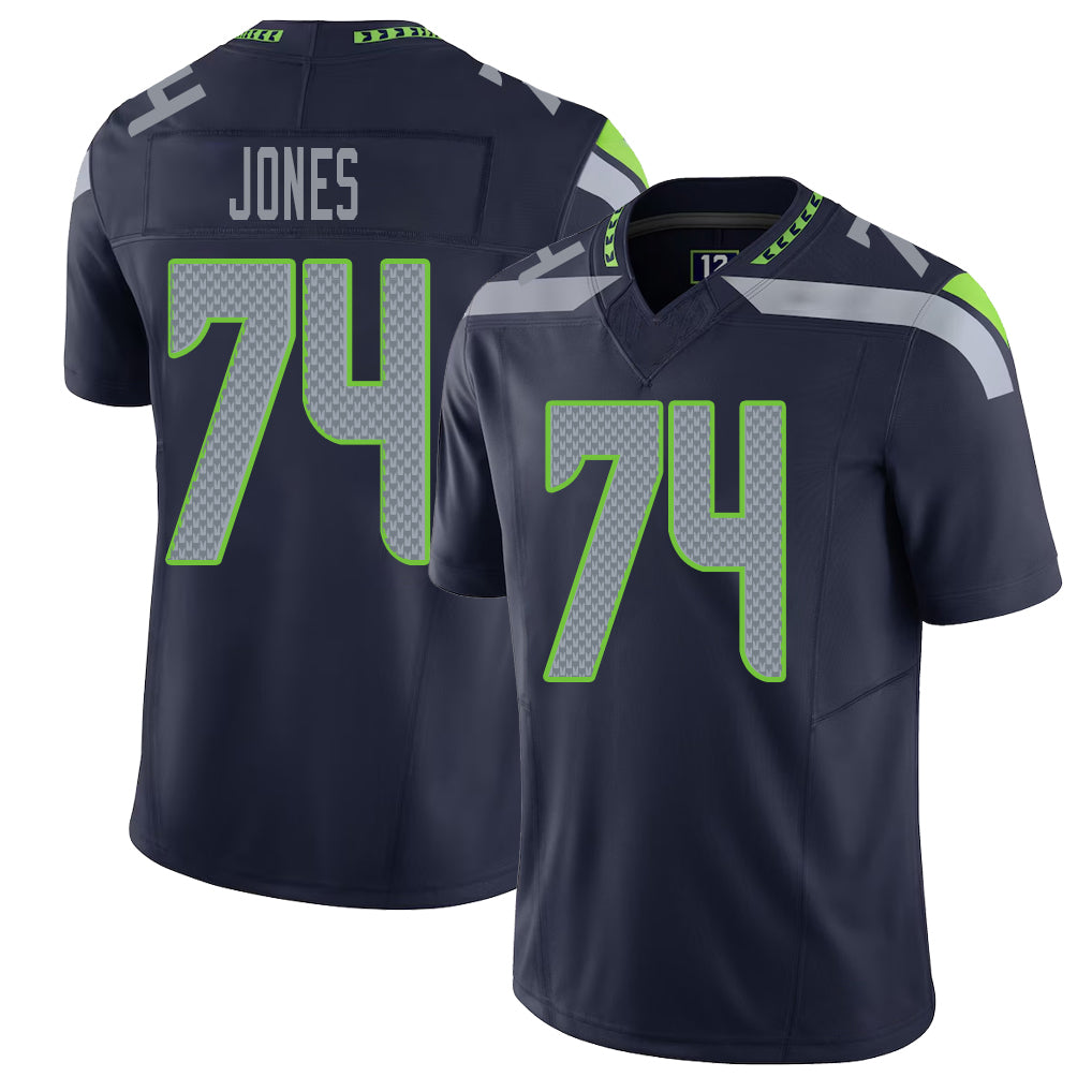 Seattle #74 Jones Player Football V Neck Short Sleeve Navy Jersey Josh For Men Youth Women Gift