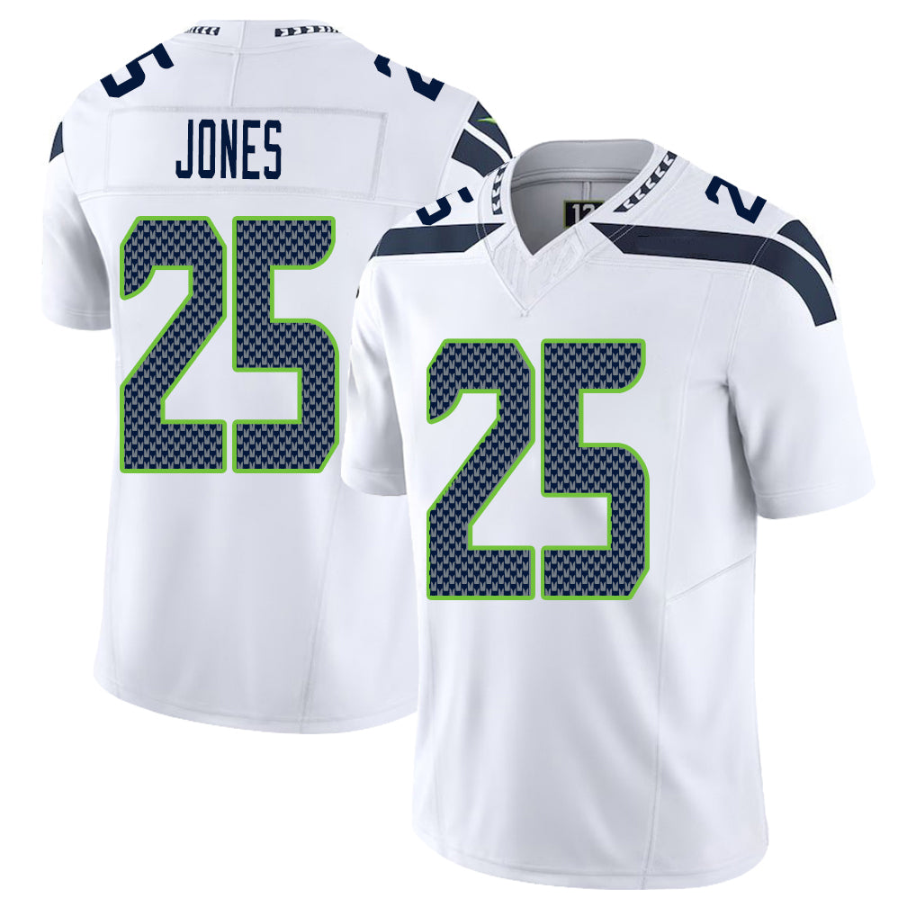 Seattle #25 Jones Player Football V Neck Short Sleeve White Jersey Justin For Men Youth Women Gift
