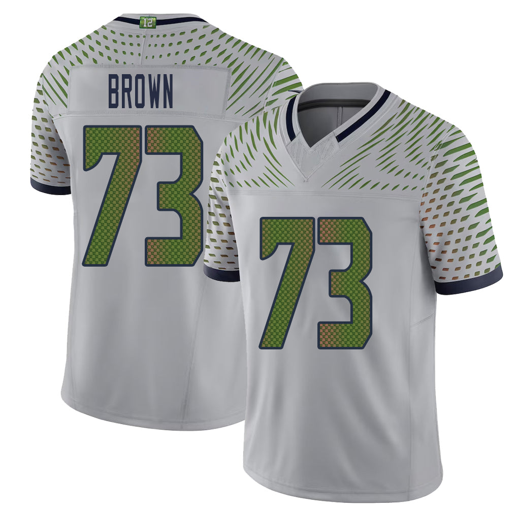 Seattle #73 Brown Player Football V Neck Short Sleeve Gray Jersey Logan For Men Youth Women Gift