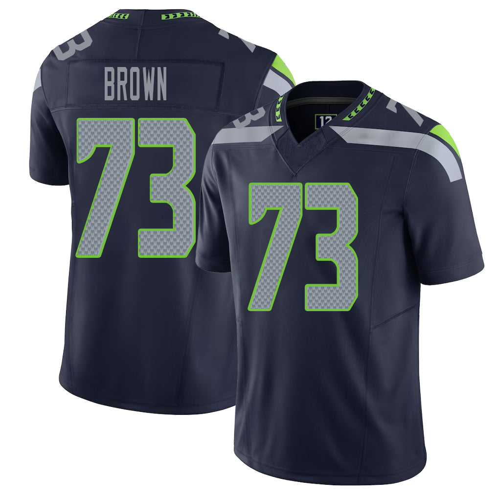 Seattle #73 Brown Player Football V Neck Short Sleeve Navy Jersey Logan For Men Youth Women Gift