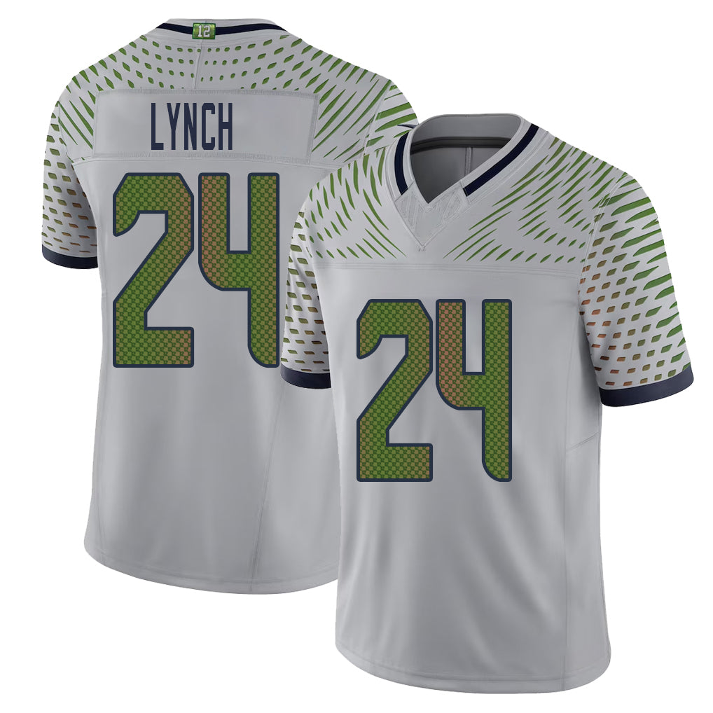 Seattle #24 Lynch Player Football V Neck Short Sleeve Gray Jersey Marshawn For Men Youth Women Gift