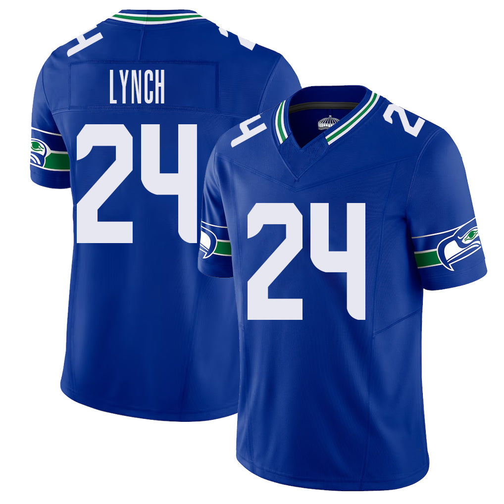 Seattle #24 Lynch Player Football V Neck Short Sleeve Royal Jersey Marshawn For Men Youth Women Gift