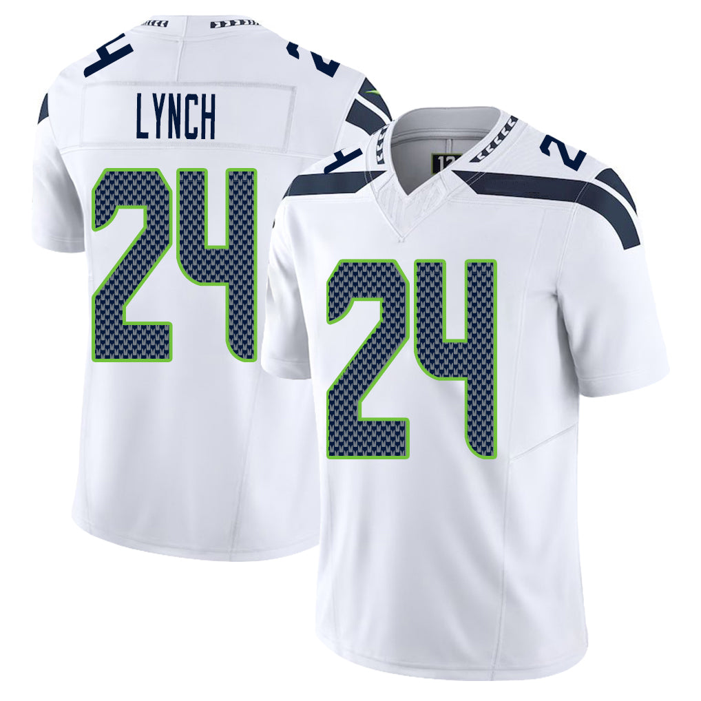 Seattle #24 Lynch Player Football V Neck Short Sleeve White Jersey Marshawn For Men Youth Women Gift