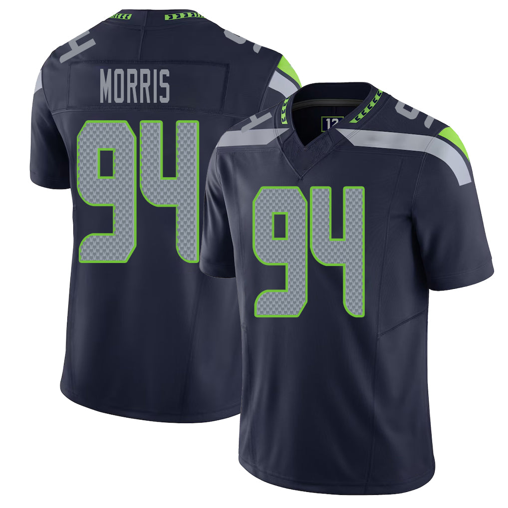 Seattle #94 Morris Player Football V Neck Short Sleeve Navy Jersey Mike For Men Youth Women Gift