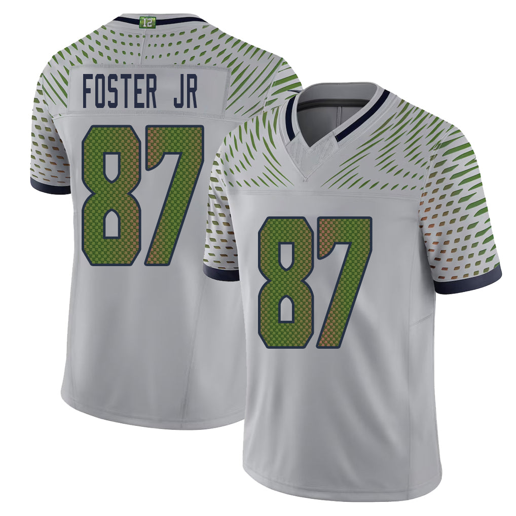 Seattle #87 Foster Jr. Player Football V Neck Short Sleeve Gray Jersey Montorie For Men Youth Women Gift