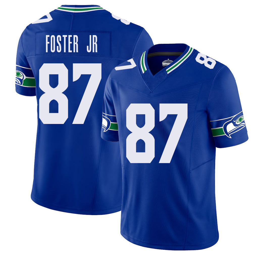 Seattle #87 Foster Jr. Player Football V Neck Short Sleeve Royal Jersey Montorie For Men Youth Women Gift