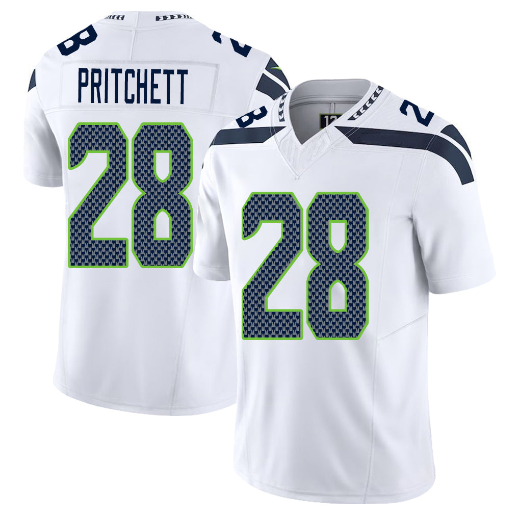 Seattle #28 Pritchett Player Football V Neck Short Sleeve White Jersey Nehemiah For Men Youth Women Gift