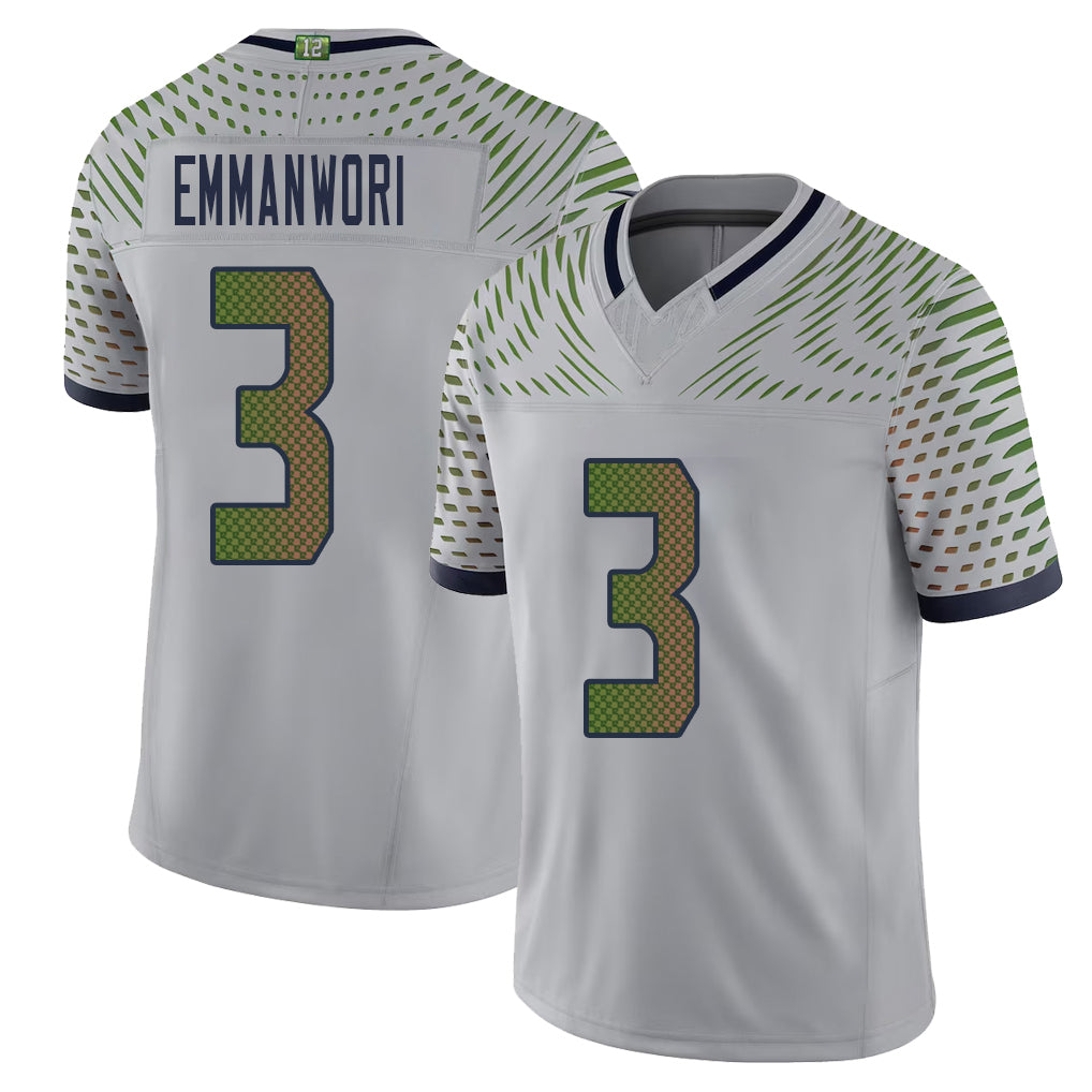 Seattle #3 Emmanwori Player Football V Neck Short Sleeve Gray Jersey Nick For Men Youth Women Gift