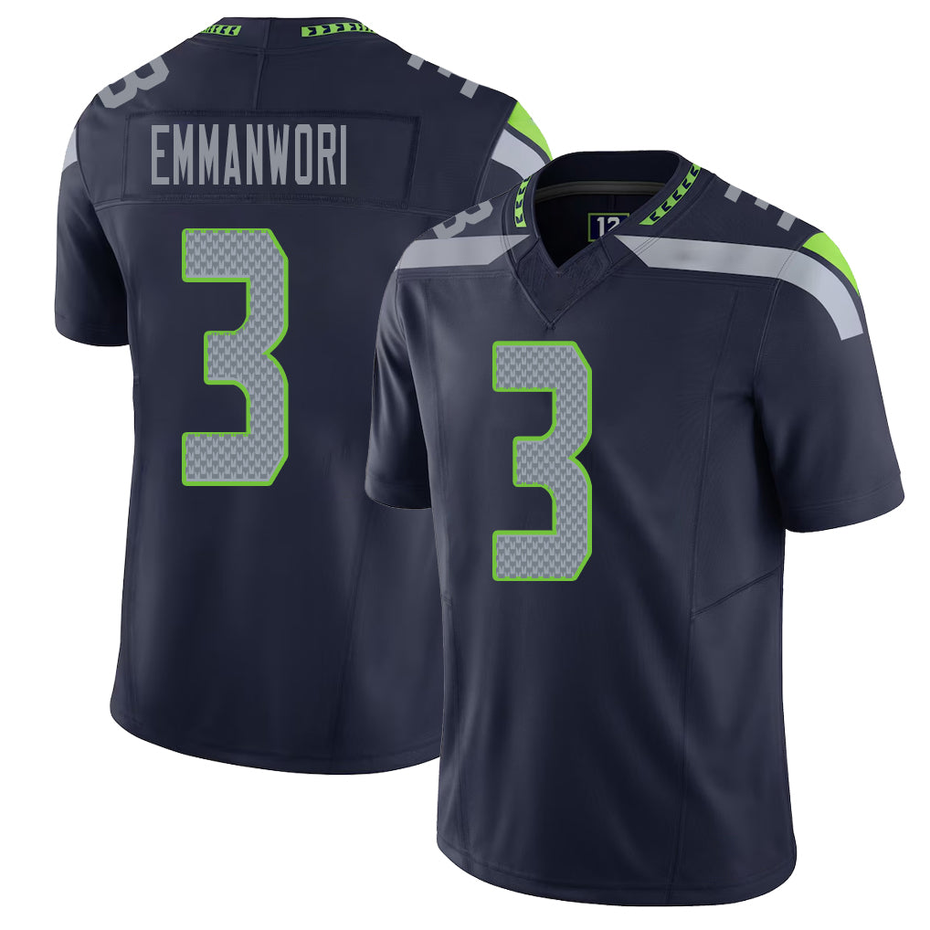 Seattle #3 Emmanwori Player Football V Neck Short Sleeve Navy Jersey Nick For Men Youth Women Gift