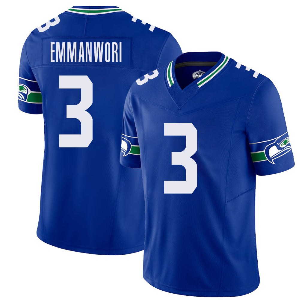 Seattle #3 Emmanwori Player Football V Neck Short Sleeve Royal Jersey Nick For Men Youth Women Gift
