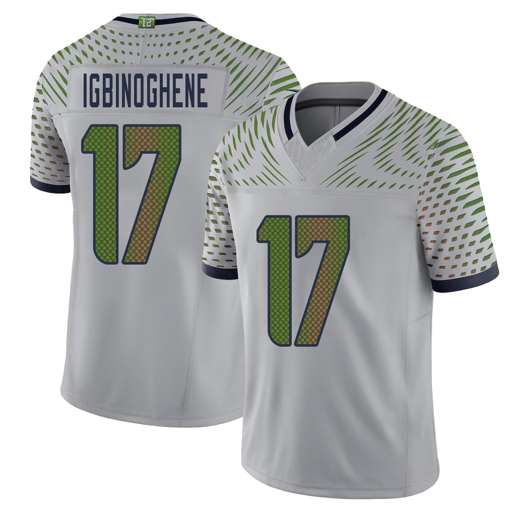 Seattle #17 Igbinoghene Player Football V Neck Short Sleeve Gray Jersey Noah For Men Youth Women Gift