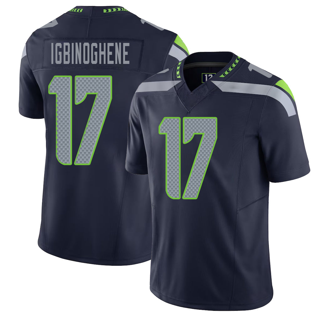 Seattle #17 Igbinoghene Player Football V Neck Short Sleeve Navy Jersey Noah For Men Youth Women Gift