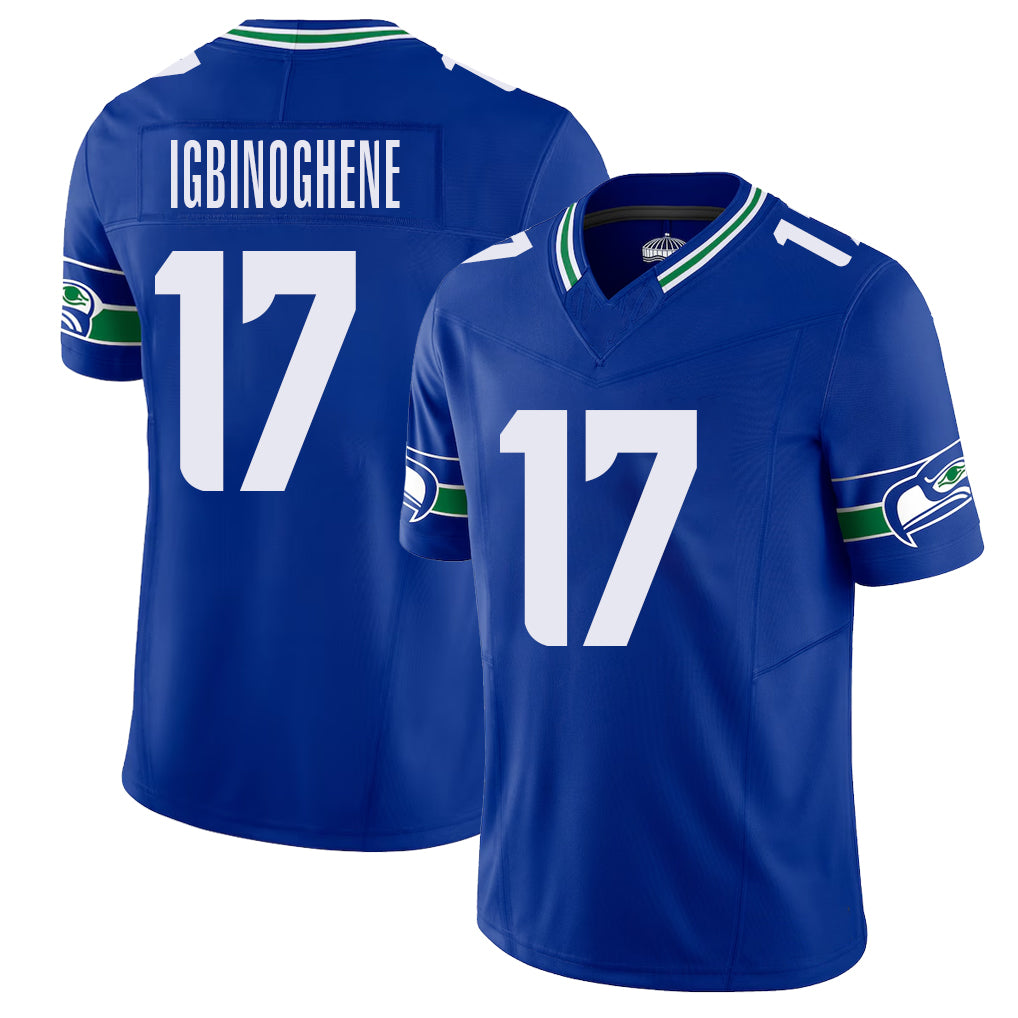 Seattle #17 Igbinoghene Player Football V Neck Short Sleeve Royal Jersey Noah For Men Youth Women Gift