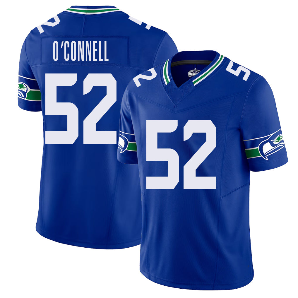 Seattle #52 O'Connell Player Football V Neck Short Sleeve Royal Jersey Patrick For Men Youth Women Gift