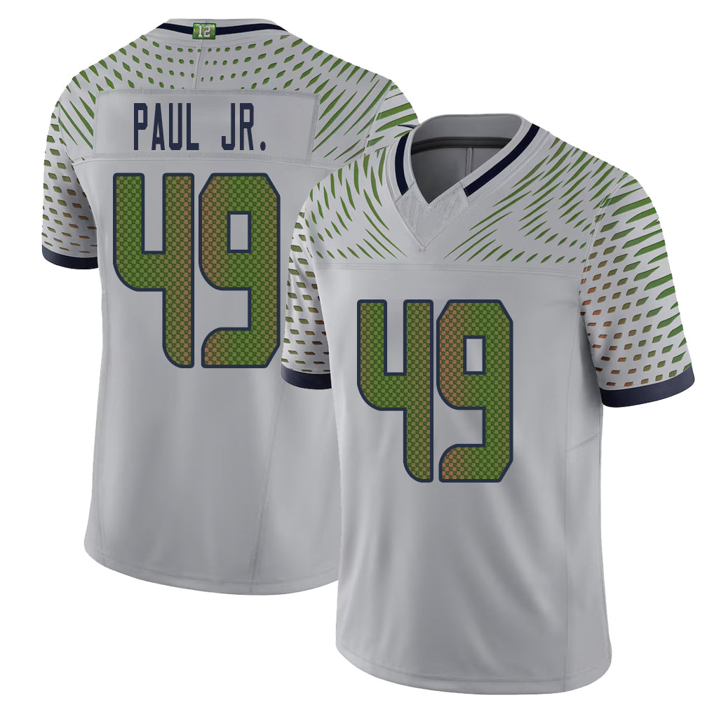 Seattle #49 Paul Jr. Player Football V Neck Short Sleeve Gray Jersey Pooh For Men Youth Women Gift