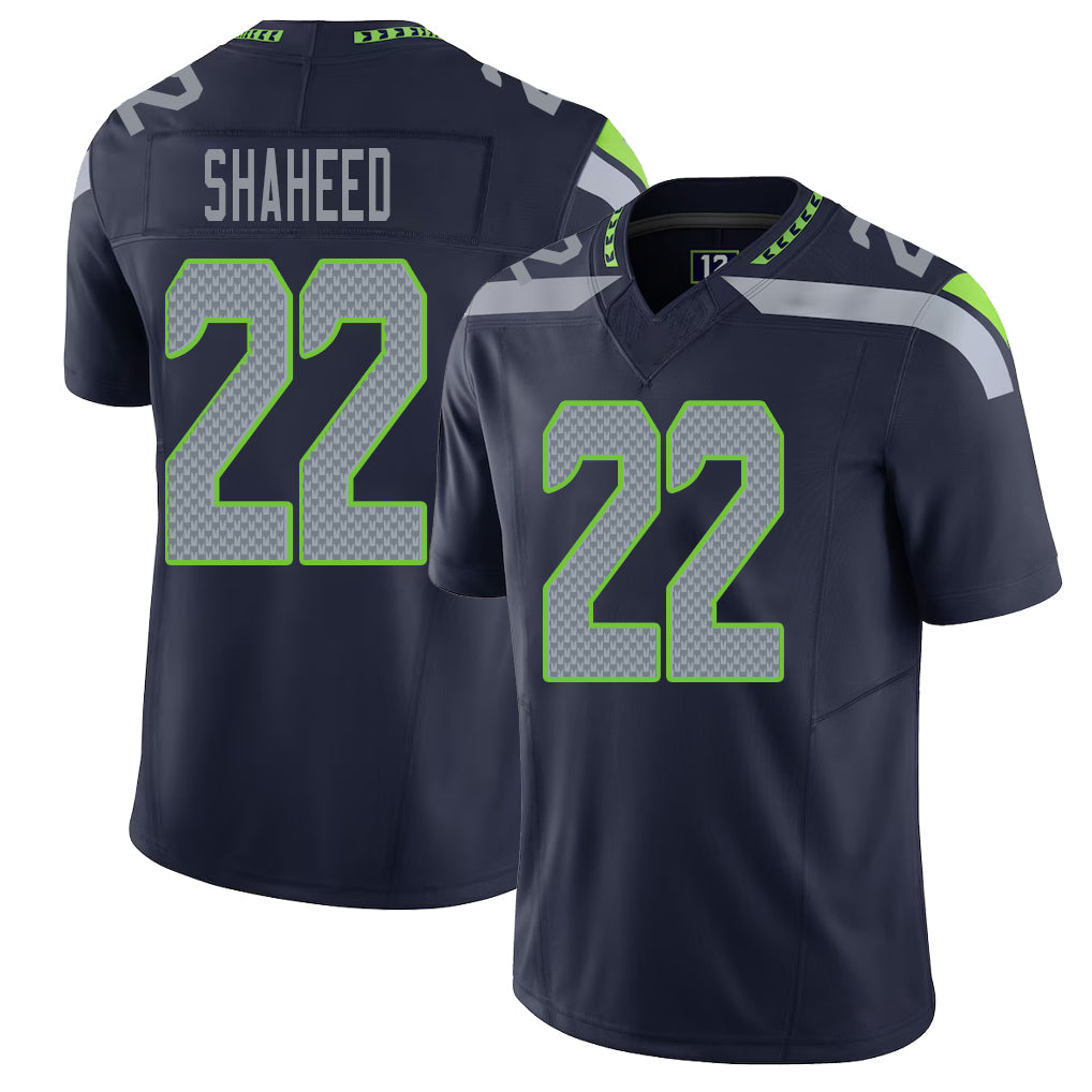 Seattle #22 Shaheed Player Football V Neck Short Sleeve Navy Jersey Rashid For Men Youth Women Gift