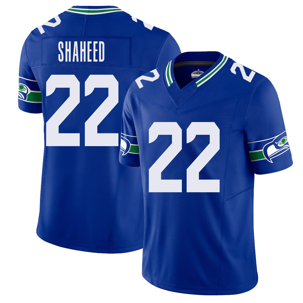 Seattle #22 Shaheed Player Football V Neck Short Sleeve Royal Jersey Rashid For Men Youth Women Gift