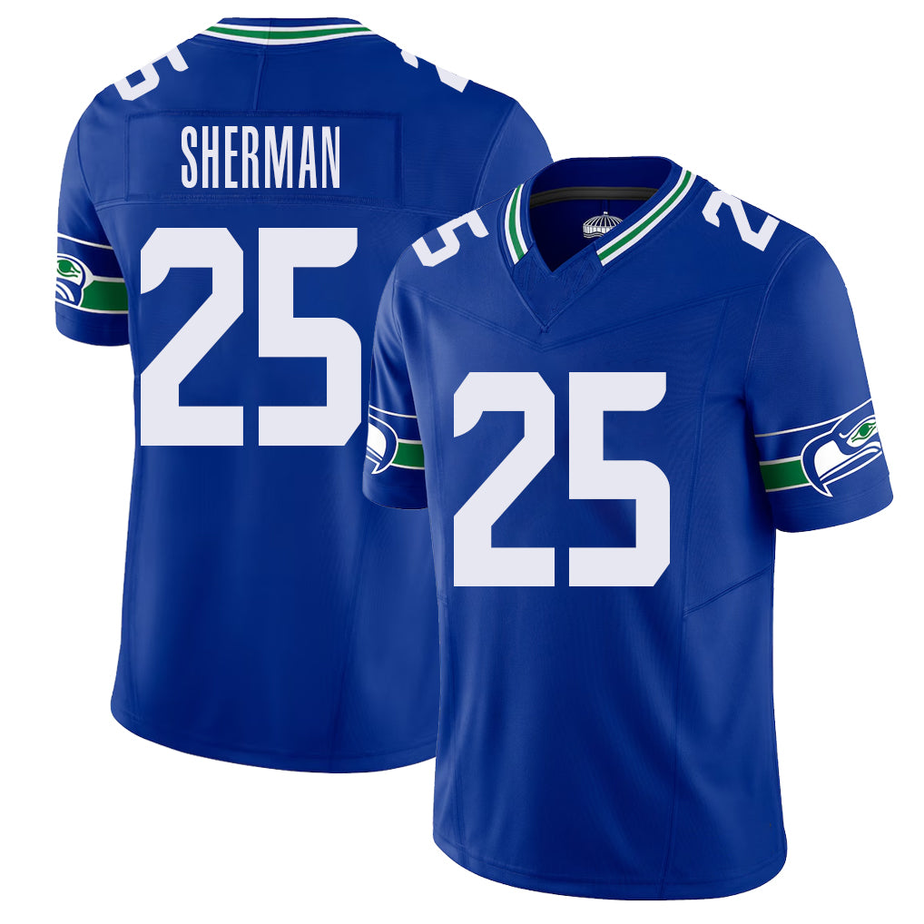 Seattle #25 Sherman Player Football V Neck Short Sleeve Royal Jersey Richard For Men Youth Women Gift