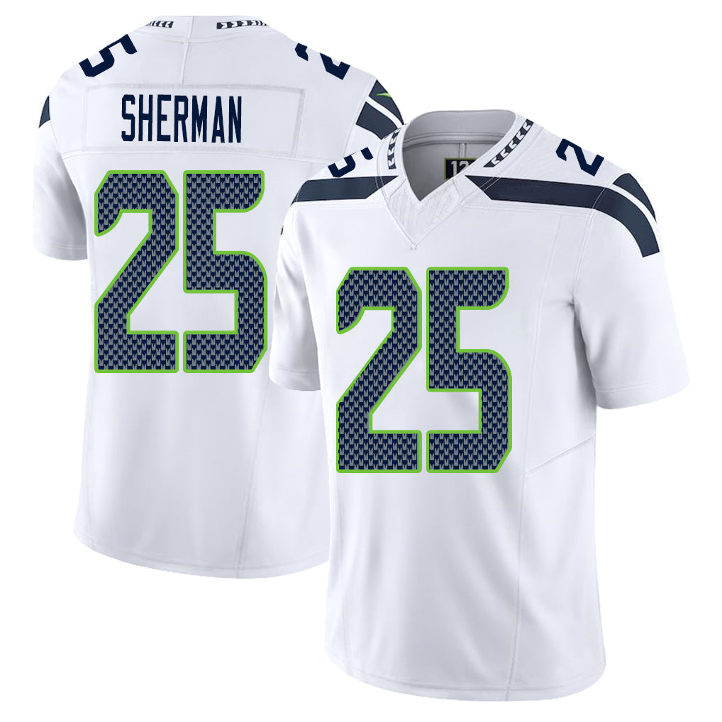 Seattle #25 Sherman Player Football V Neck Short Sleeve White Jersey Richard For Men Youth Women Gift