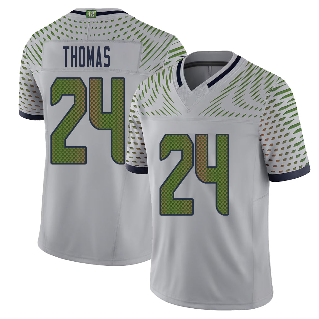 Seattle #24 Thomas Player Football V Neck Short Sleeve Gray Jersey Rodney For Men Youth Women Gift