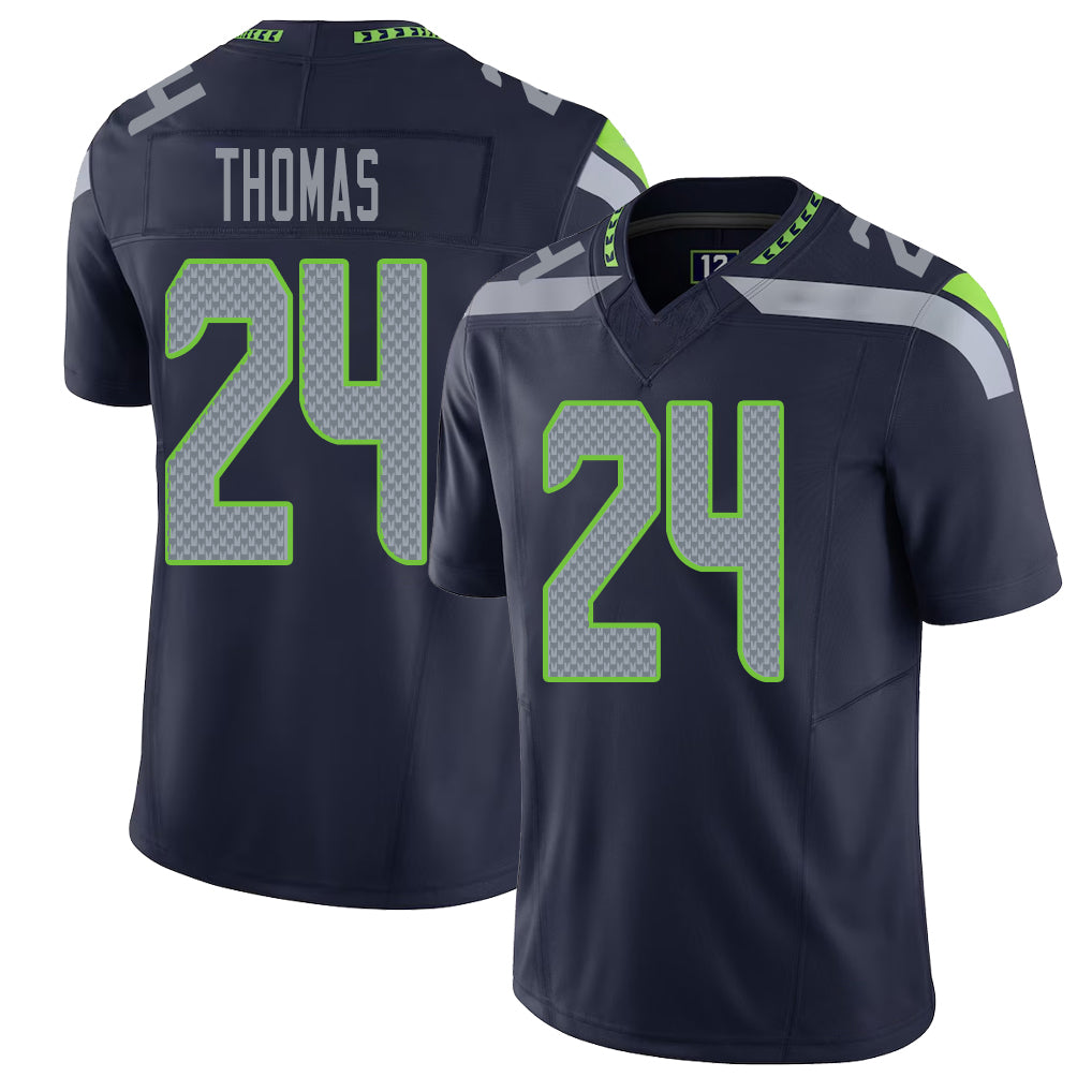Seattle #24 Thomas Player Football V Neck Short Sleeve Navy Jersey Rodney For Men Youth Women Gift
