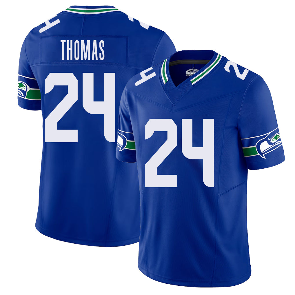 Seattle #24 Thomas Player Football V Neck Short Sleeve Royal Jersey Rodney For Men Youth Women Gift