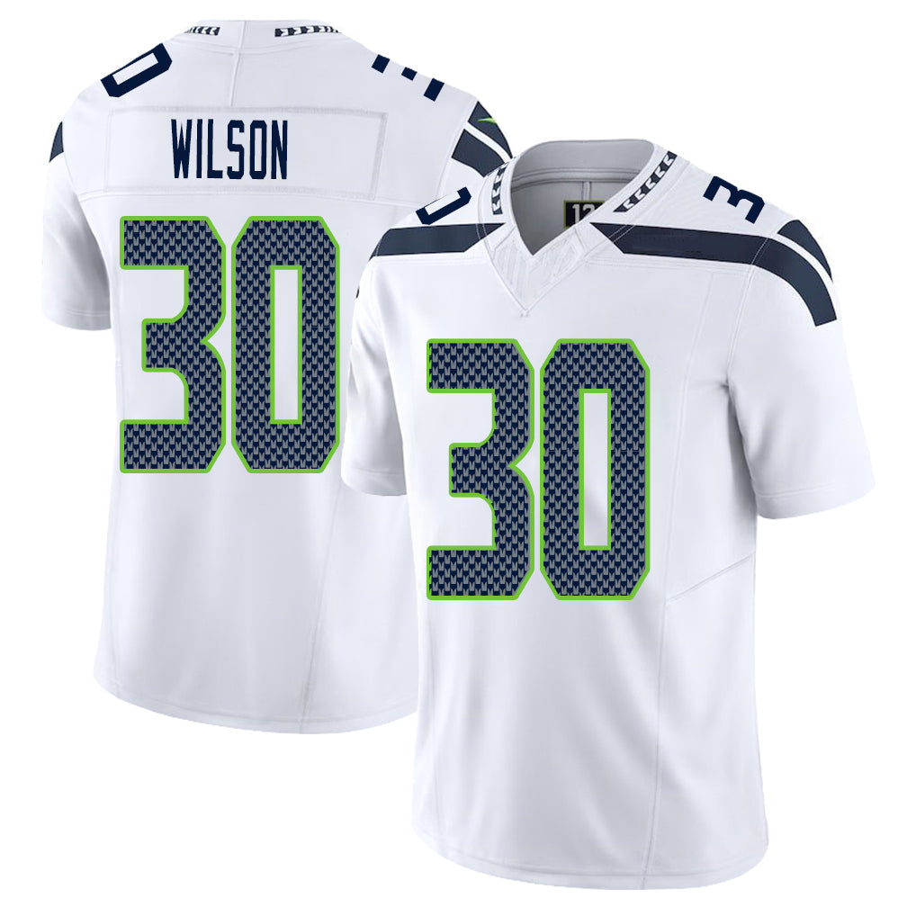 Seattle #30 Wilson Player Football V Neck Short Sleeve White Jersey Russell For Men Youth Women Gift
