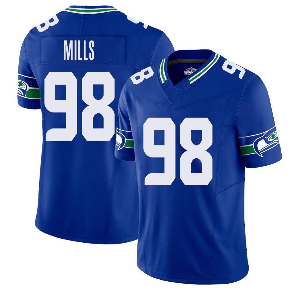 Seattle #98 Mills Player Football V Neck Short Sleeve Royal Jersey Rylie For Men Youth Women Gift