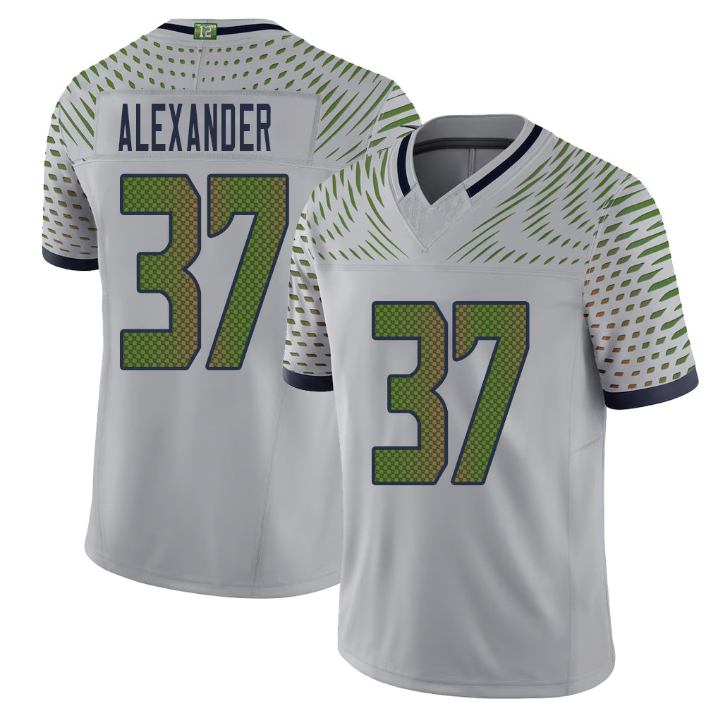 Seattle #37 Alexander Player Football V Neck Short Sleeve Gray Jersey Shaun For Men Youth Women Gift