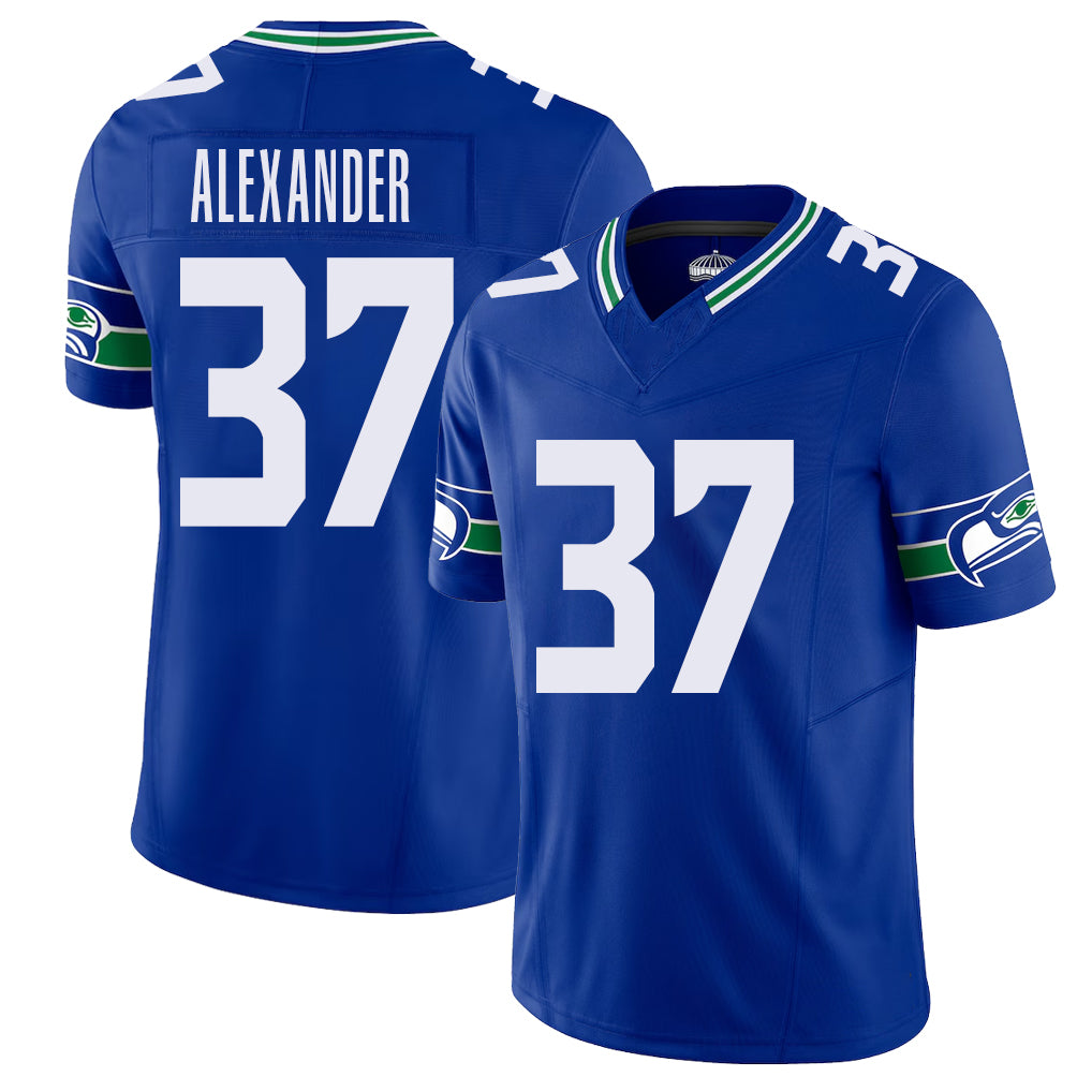 Seattle #37 Alexander Player Football V Neck Short Sleeve Royal Jersey Shaun For Men Youth Women Gift