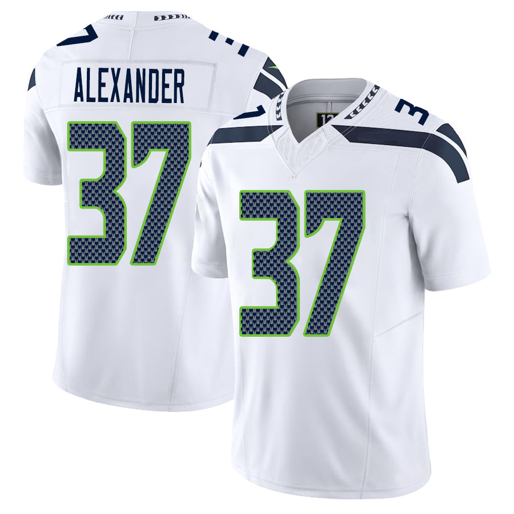 Seattle #37 Alexander Player Football V Neck Short Sleeve White Jersey Shaun For Men Youth Women Gift
