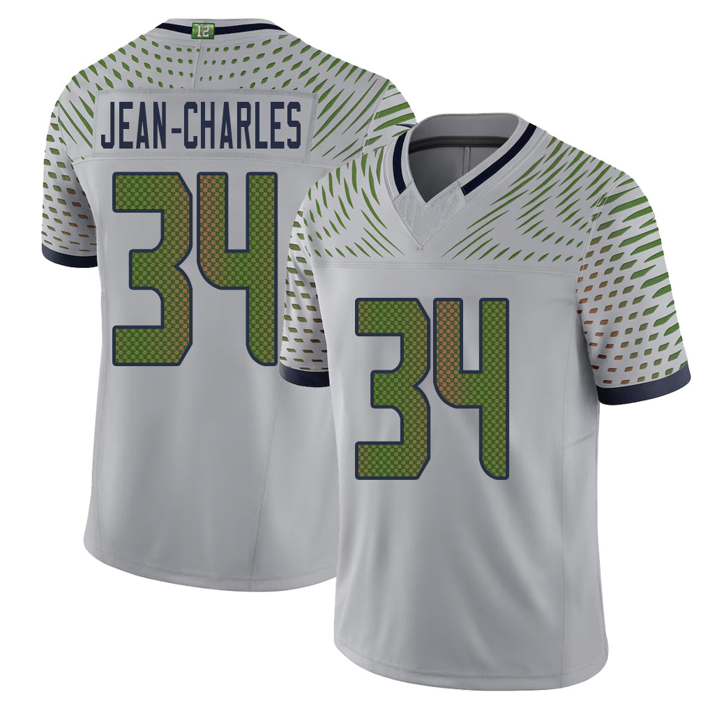Seattle #34 Jean-Charles Player Football V Neck Short Sleeve Gray Jersey Shemar For Men Youth Women Gift