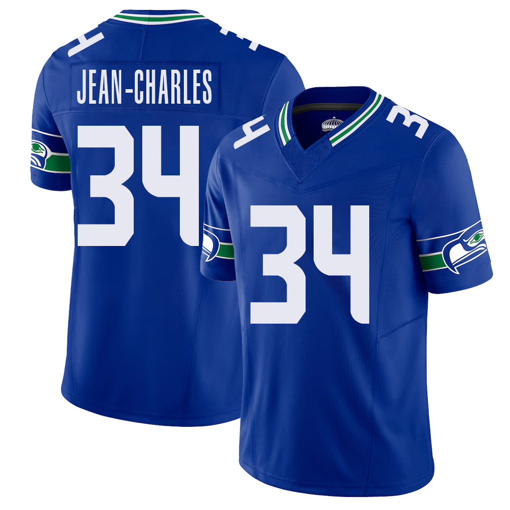 Seattle #34 Jean-Charles Player Football V Neck Short Sleeve Royal Jersey Shemar For Men Youth Women Gift