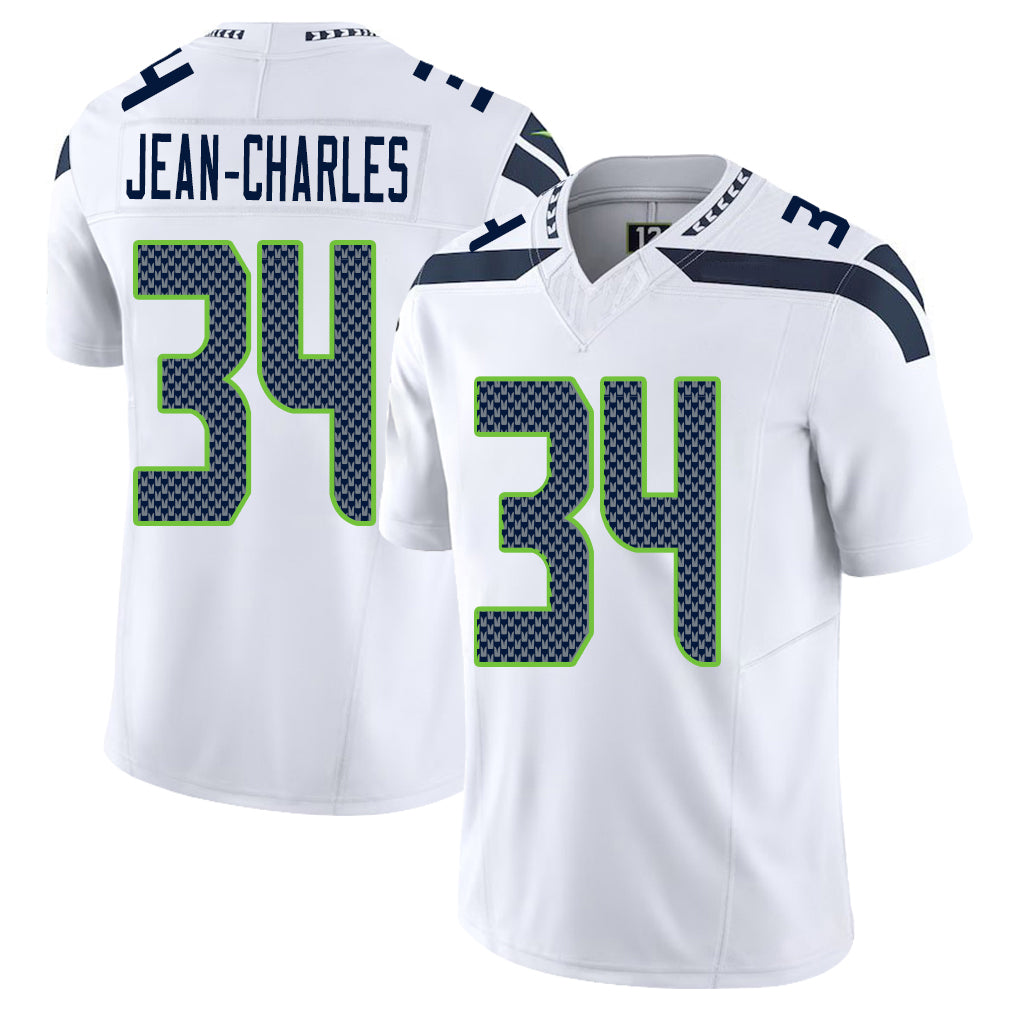 Seattle #34 Jean-Charles Player Football V Neck Short Sleeve White Jersey Shemar For Men Youth Women Gift