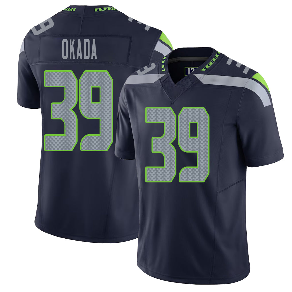Seattle #39 Okada Player Football V Neck Short Sleeve Navy Jersey Ty For Men Youth Women Gift