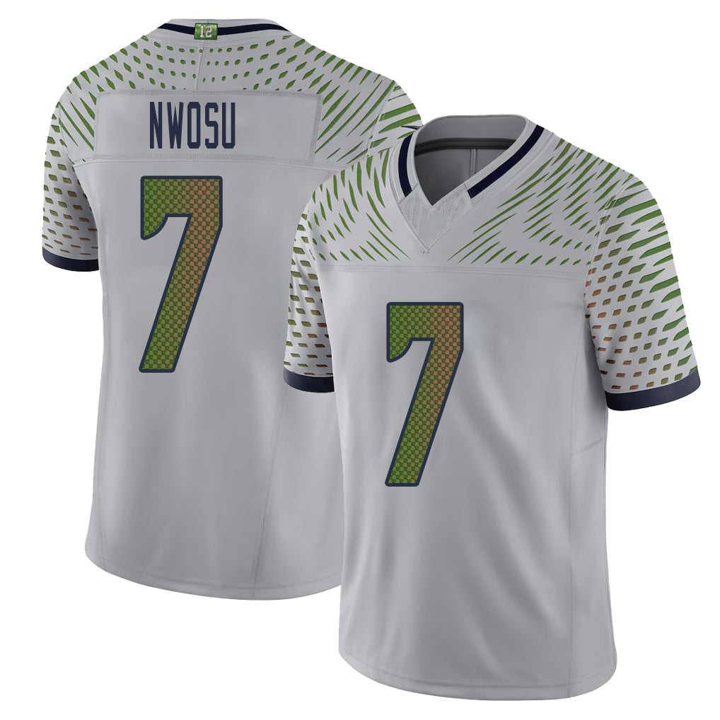 Seattle #7 Nwosu Player Football V Neck Short Sleeve Gray Jersey Uchenna For Men Youth Women Gift