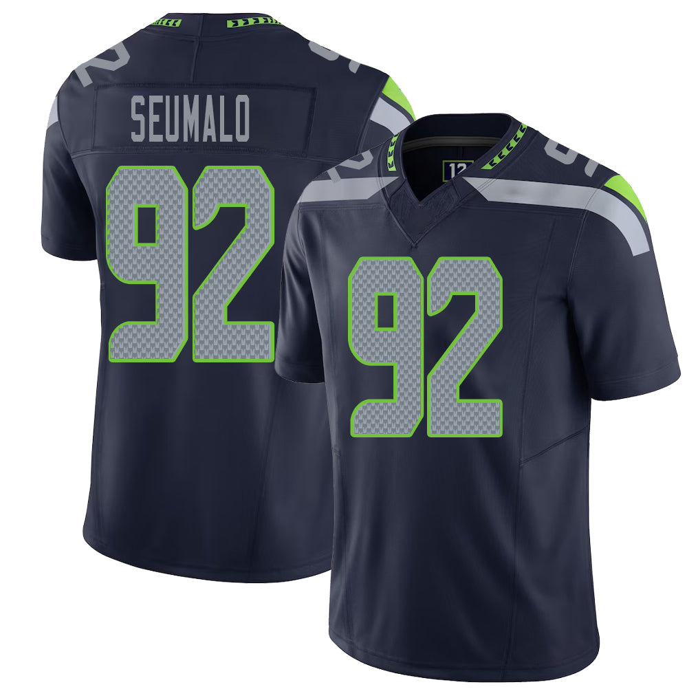 Seattle #92 Seumalo Player Football V Neck Short Sleeve Navy Jersey Uso For Men Youth Women Gift