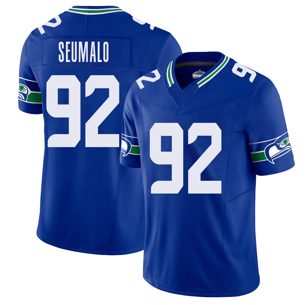 Seattle #92 Seumalo Player Football V Neck Short Sleeve Royal Jersey Uso For Men Youth Women Gift