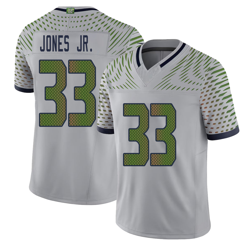 Seattle #33 Jones Jr. Player Football V Neck Short Sleeve Gray Jersey Velus For Men Youth Women Gift