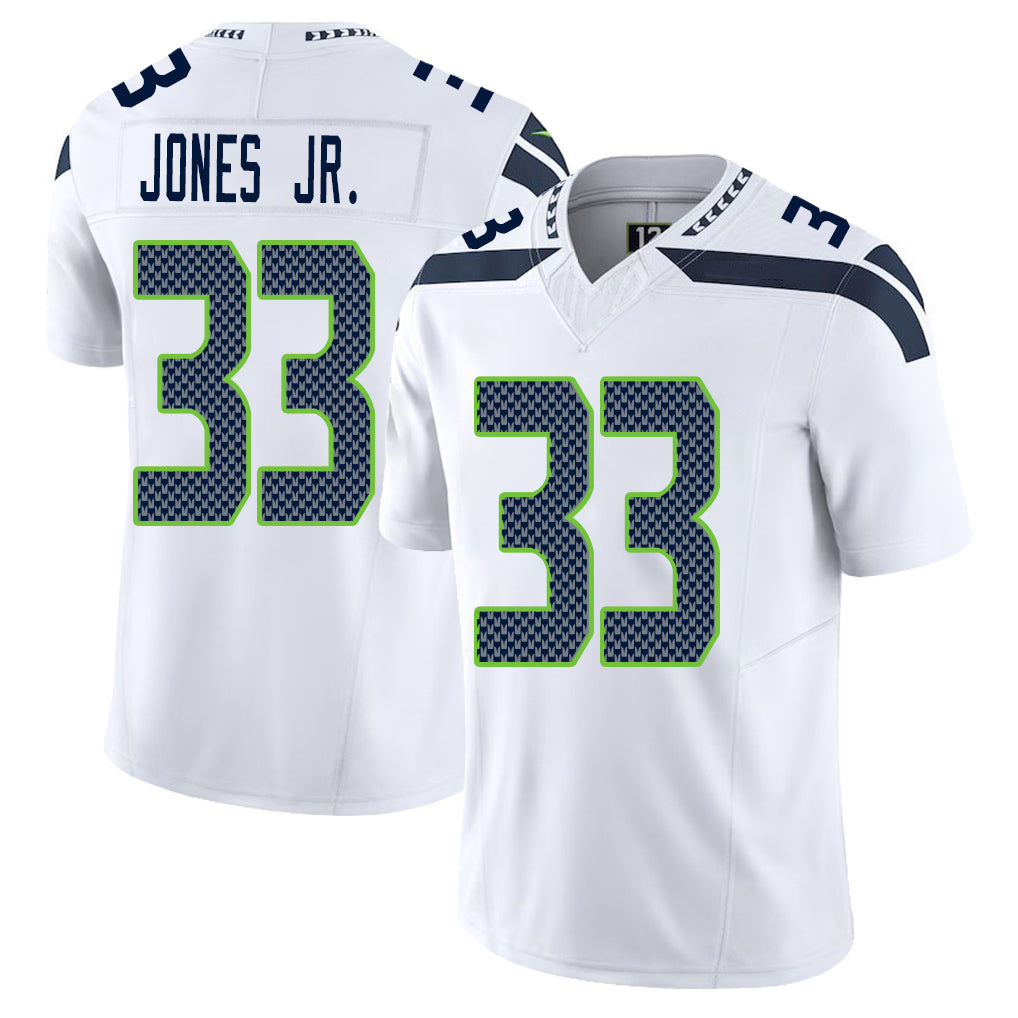 Seattle #33 Jones Jr. Player Football V Neck Short Sleeve White Jersey Velus For Men Youth Women Gift